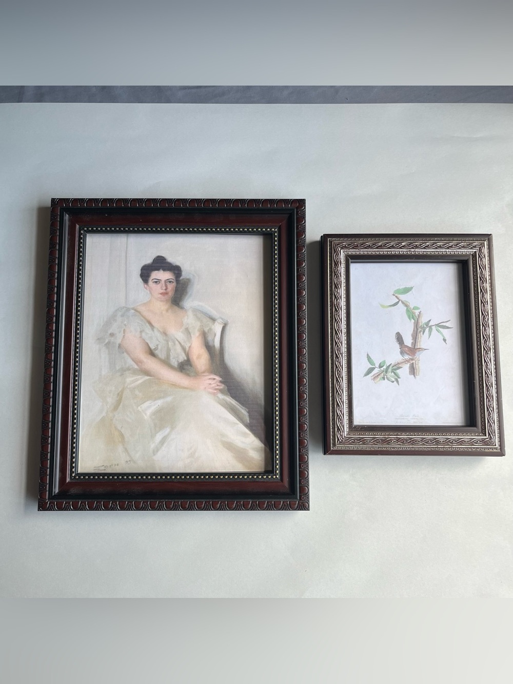 Vintage Dark Tone Wood w/Designs Photo Frames w/ Fine Art Prints-Set of 2